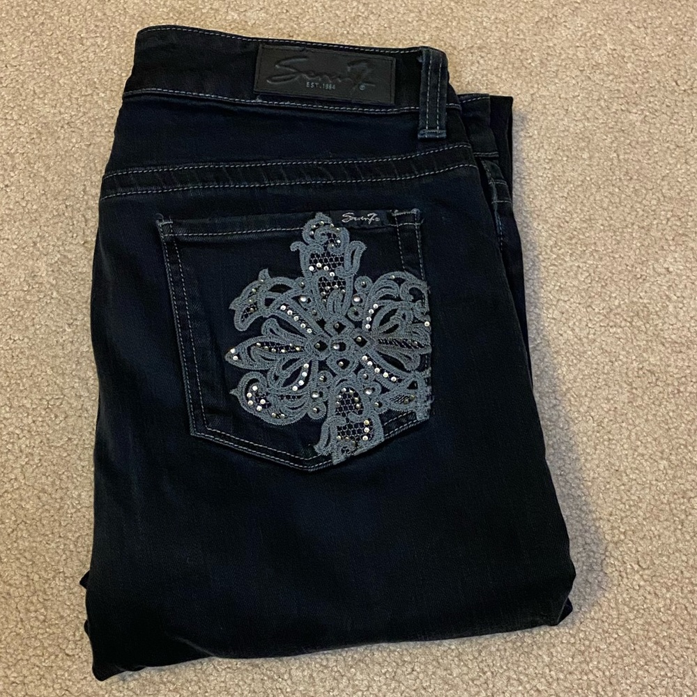 Seven7 Women's Dark Blue Boot Cut Jeans with Embroidered Back Pocket